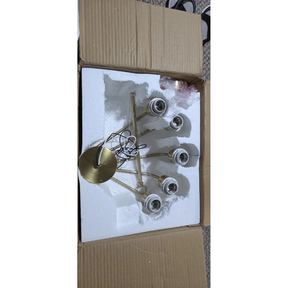 Gold Chandelier, Brushed Brass with Beige Fabric Shade, 6-Light 28